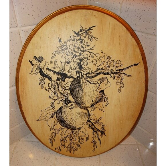 Vintage Hand Drawn Apples Berries & Leaves Wall Hanging on Wood farmhouse decor - Picture 2 of 10
